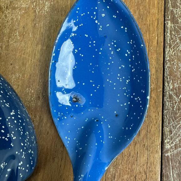 Vintage Blue White Speckled Enamel Graniteware Set of 2 Serving Cooking Spoons - Picture 3 of 7